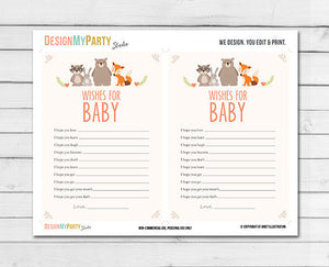 Woodland Baby Shower Wishes for Baby Game Cards Woodland Animals Forest Animals Raccoon Rabbit Bear Fox Printable Instant Download 0010