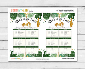 Safari Baby Shower Game What&#39;s in Your Purse Game Cards Wild One Jungle Animals Shower activity Gold Black Printable Instant Download 0016