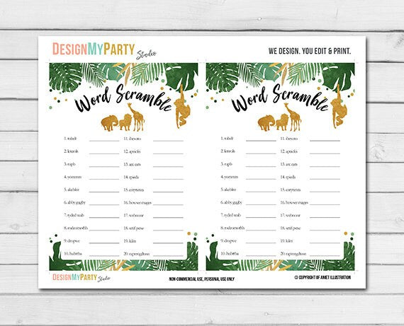 Safari Baby Shower Word Scramble Game Cards Wild one Animals Jungle Shower Activity Gold Black Zoo Printable Instant Download 0016
