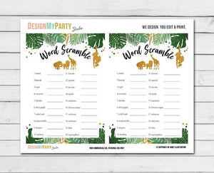 Safari Baby Shower Word Scramble Game Cards Wild one Animals Jungle Shower Activity Gold Black Zoo Printable Instant Download 0016
