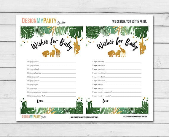 Baby shower wishes for baby Safari Wishes cards Instant download Jungle Animals Wild One Black Gold Baby Wishes Digital PRINTABLE 0016