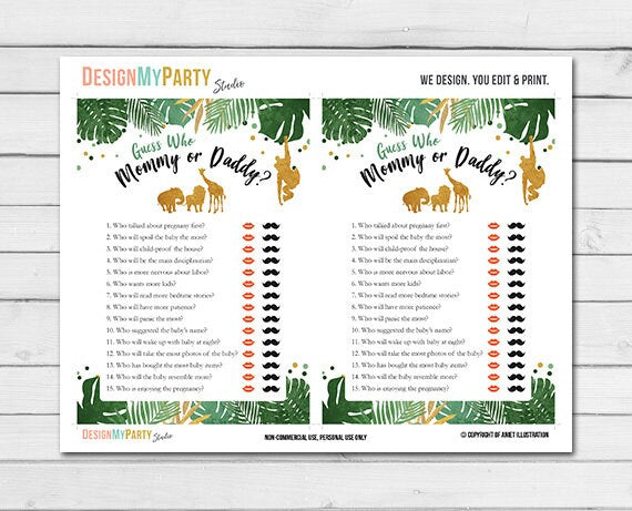 Safari Baby Shower Mommy or Daddy Guess Who Cards Jungle Animals Zoo Black and Gold Gender Neutral Greenery Printable Instant Download 0016