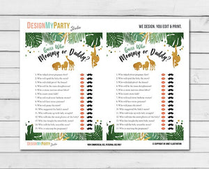 Safari Baby Shower Mommy or Daddy Guess Who Cards Jungle Animals Zoo Black and Gold Gender Neutral Greenery Printable Instant Download 0016