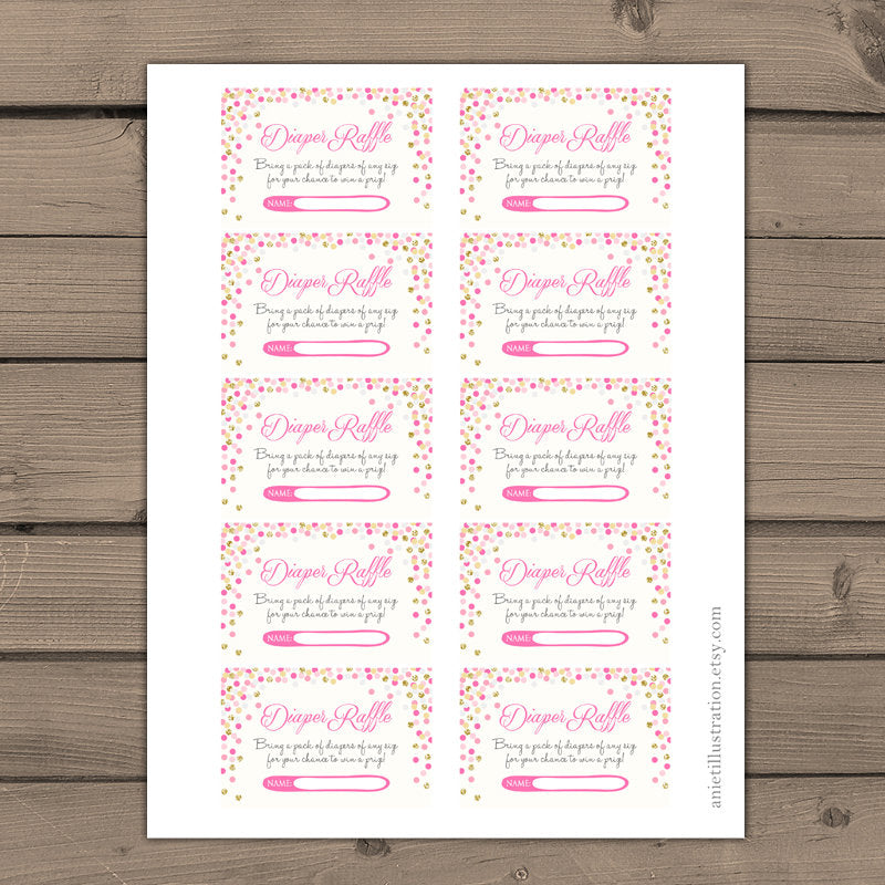 Pink and Gold Baby Shower Diaper Raffle Ticket Cards Diaper Raffle tickets Girl Confetti Glitter PRINTABLE Digital Instant download