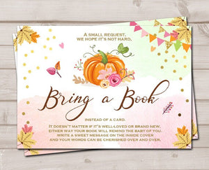 Rustic Pumpkin Baby Shower Bring a Book Rustic Baby Girl Pink and Gold Autumn Fall Book Request Library Book insert Book card PRINTABLE 0056