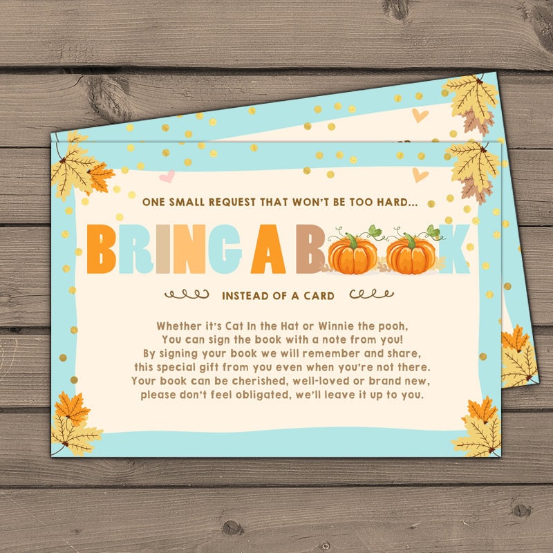 Rustic Pumpkin Baby Shower Bring a Book Rustic Baby Boy Blue Orange Autumn Fall Book Request Library Book insert Book card PRINTABLE 0055