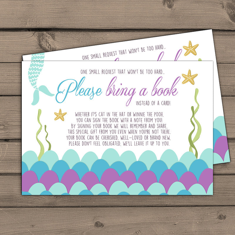 Baby shower Bring a book card Mermaid Baby shower Mermaid Book insert Girl Book card Purple Gold Blue Under the sea DIY PRINTABLE 0021
