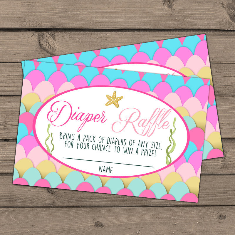 Baby shower Diaper raffle card Mermaid Baby shower game Mermaid Diaper raffle ticket Pink turquoise gold Under the sea DIY Printable 0021
