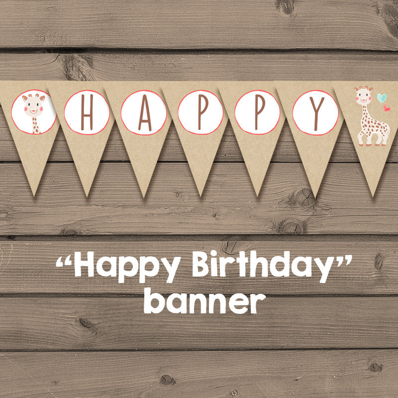 Giraffe Birthday banner Happy Birthday banner Giraffe party Flag Bunting Happy birthday Giraffe Pink Rustic download PRINTABLE DIGITAL DIY