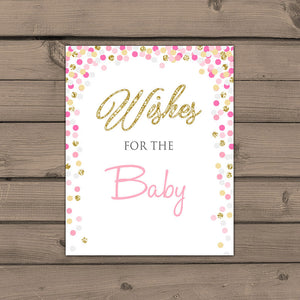 Baby shower Wishes for Baby game Instant download Pink and Gold baby shower Gold glitter confetti Baby wishes card PRINTABLE 0014