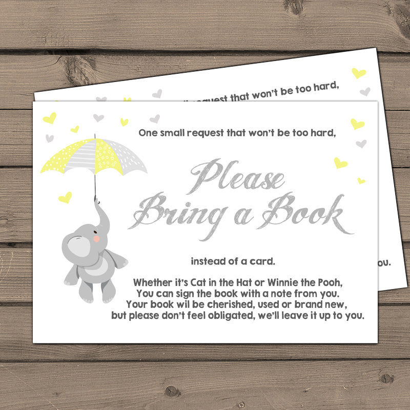 Baby shower Bring a book card Elephant Baby Shower Elephant Book insert Book card Yellow grey Baby shower Little Peanut DIY PRINTABLE 0037