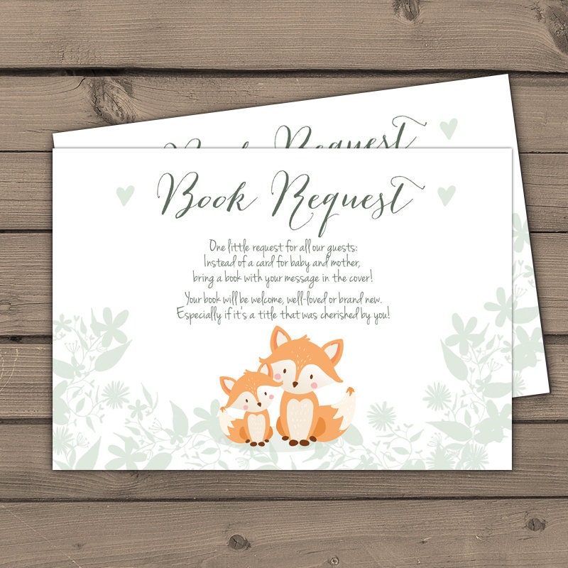 Fox Baby shower Bring a book card Woodland Fox Book insert Book card Gender neutral Book request woodland Library for baby DIY PRINTABLE