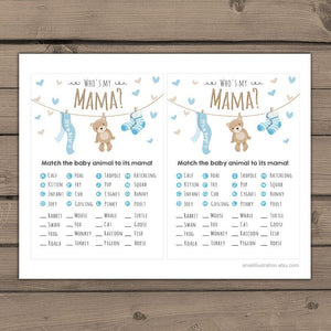 Baby shower game Match baby animals game Whos my mama mommy game Woodland baby shower Teddy bear Boy baby shower activity Blue 0025