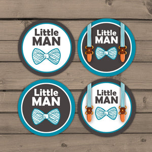 Little man Cupcake toppers Baby shower cupcake toppers Shower favors Baby boy Bow tie suspenders Brown blue Instant download PRINTABLE 0063