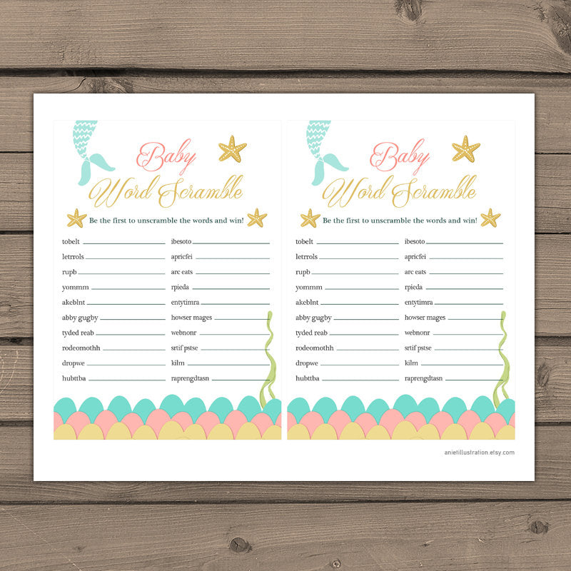 Mermaid Baby shower Word scramble game Mermaid game Baby shower Coral Gold mint Pink Mermaid Tail shower games Digital PRINTABLE DIY 0021