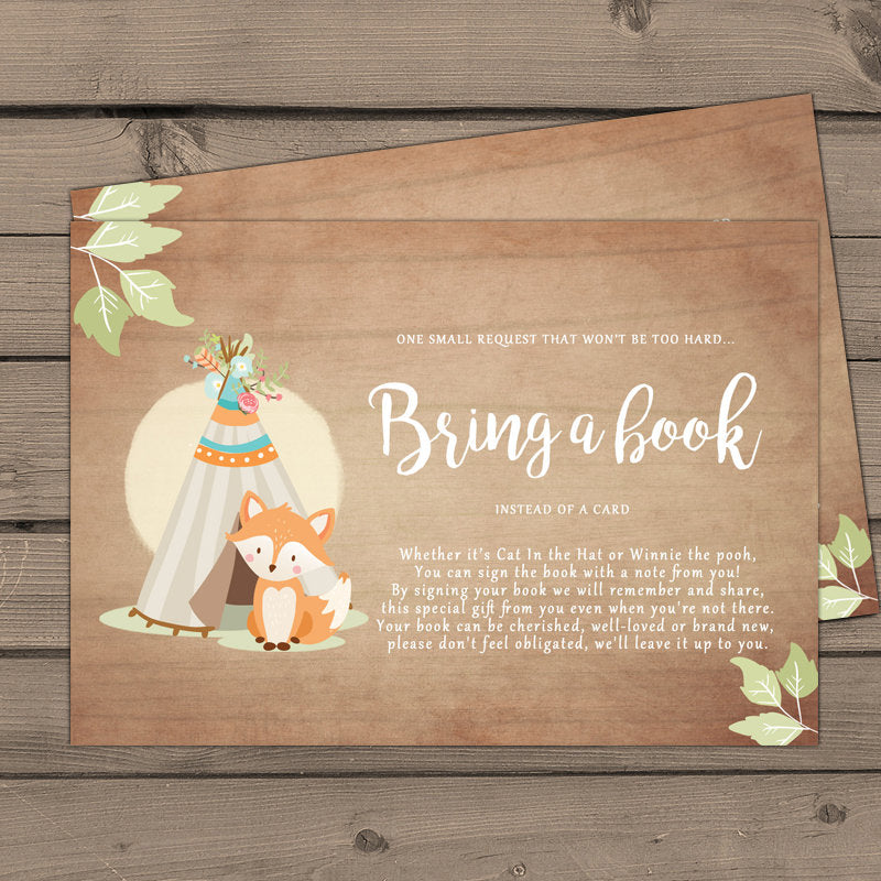 Baby shower Bring a book card Woodland Fox Book insert Book card Gender neutral Teepee Pow wow boho woodland Library for baby PRINTABLE 0052