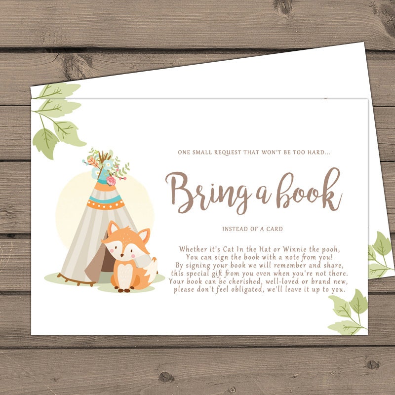 Baby shower Bring a book card Woodland Fox Book insert Book card Gender neutral Teepee Pow wow boho woodland Library for baby PRINTABLE 0052