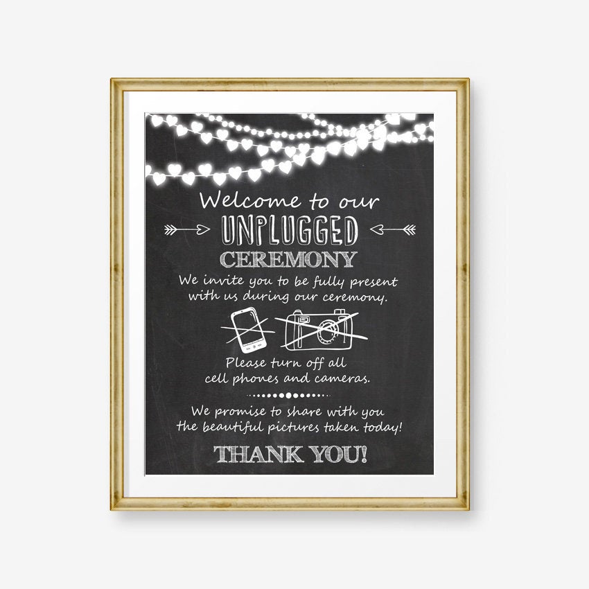 Unplugged ceremony wedding sign Unplugged wedding sign Wedding ceremony sign decor Chalkboard wedding sign String lights PRINTABLE 0110