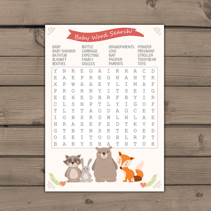 Baby shower game word search Baby word search Woodland baby shower Forest animals Gender neutral Instant download Digital PRINTABLE 0010