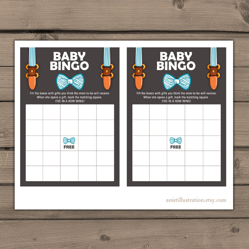 Baby shower Bingo game Bingo cards Instant download Baby boy baby shower Bow ties Boy shower Blue shower mustache Digital PRINTABLE DIY