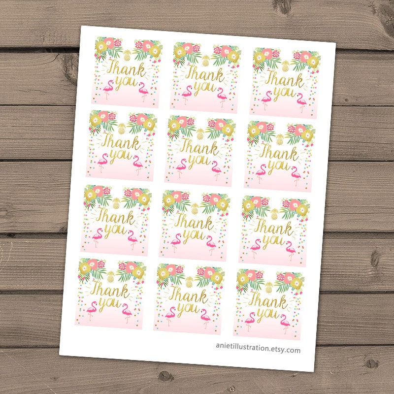Flamingo party Favor tags Tropical Birthday Thank you tags luau Party Flamingo pool party Pink mint Gold Labels Digital PRINTABLE 0200