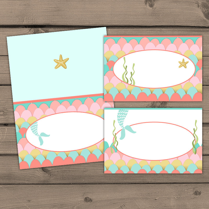 Mermaid Food labels Mermaid birthday Food tend cards Food tags Mermaid coral mint teal Under the sea birthday Digital PRINTABLE DIY 0021