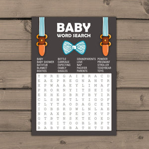 Baby shower game word search Baby word search Baby Boy Bow Ties Suspenders Cute Stripes Blue Little man Instant download Printable 0063