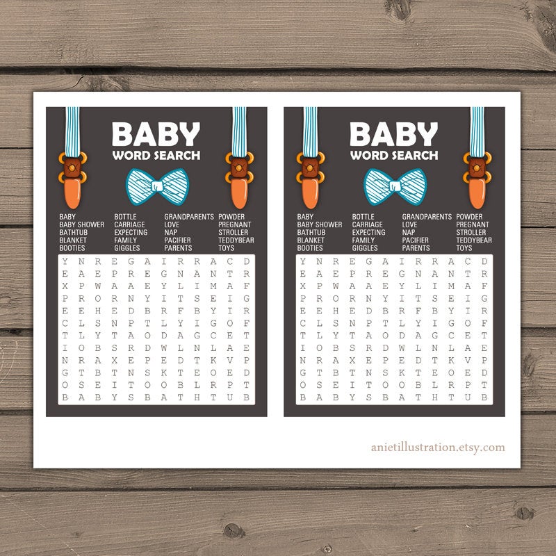 Baby shower game word search Baby word search Baby Boy Bow Ties Suspenders Cute Stripes Blue Little man Instant download Printable 0063