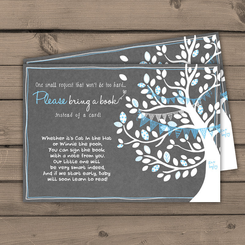 Baby shower Bring a book card Please bring a book instead of a card insert Grey Blue Baby Boy shower Tree Butterfly DIY PRINTABLE