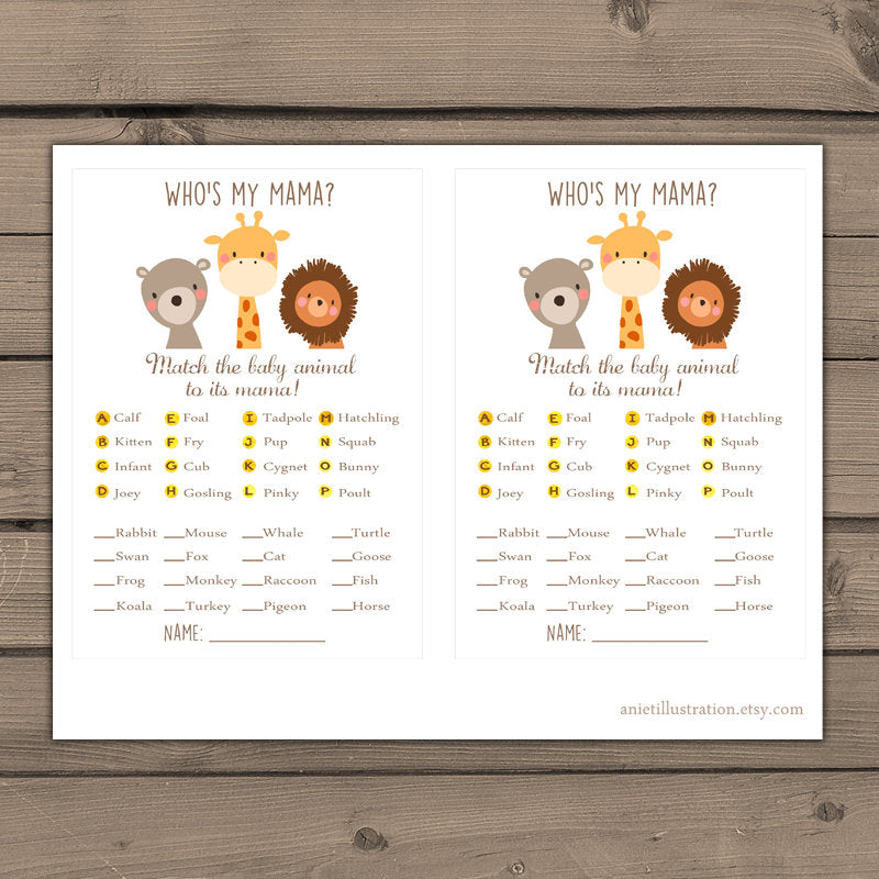 Baby shower game Match baby animals game Woodland baby shower Safari Who's my mama Jungle Gender neutral Instant download Digital PRINTABLE