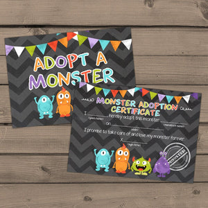 Adopt a Monster certificate and sign Monster Birthday Monster adoption certificate Monster Instant download PRINTABLE Digital PDF DIY 0058