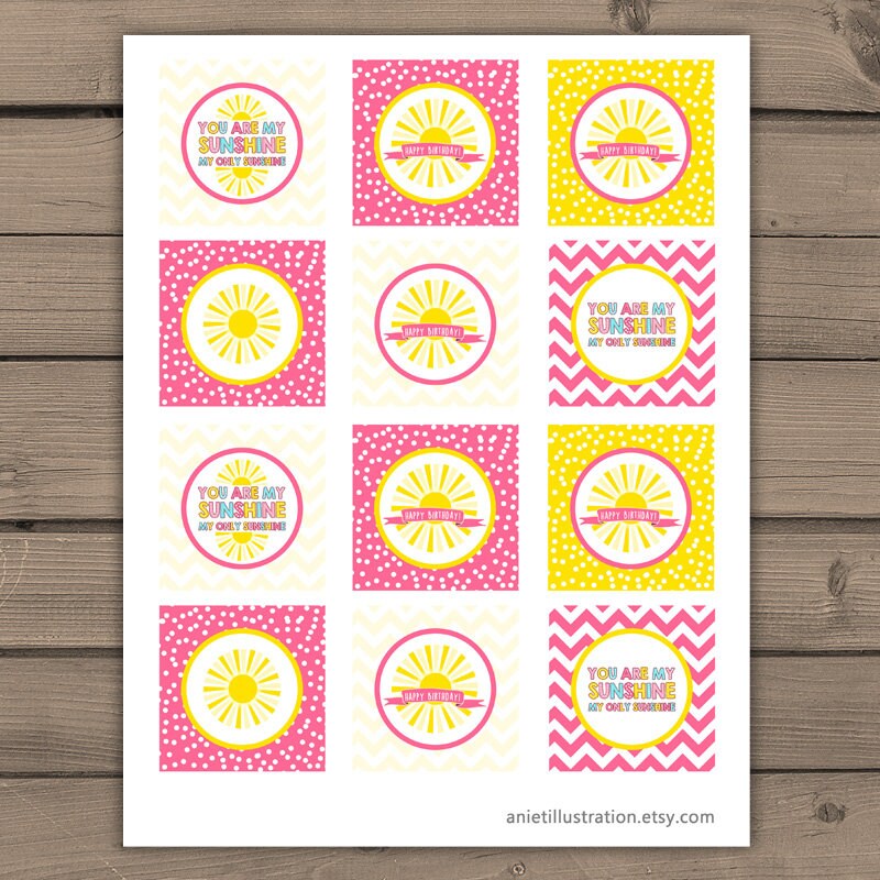 You are my sunshine Cupcake Toppers Favor Tags Birthday Party Decoration Stickers Sunshine birthday Instant download Digital PRINTABLE DIY