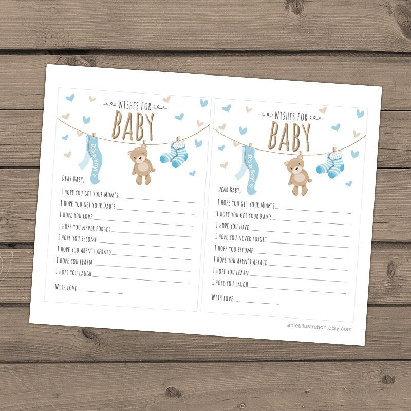 Baby shower wishes for baby Teddy bear Wishes cards Instant download Teddy bear Boy Baby shower Teddy bear Blue Digital PRINTABLE DIY 0025