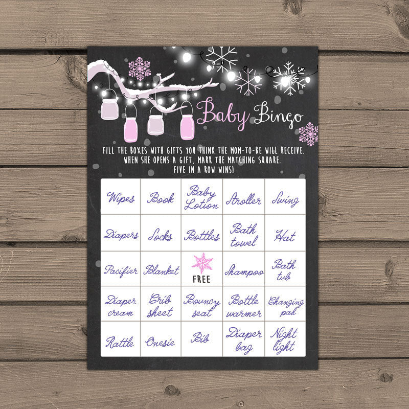 Baby shower Bingo game Winter baby shower Winter Bingo Instant download Baby bingo Girl Baby Shower Mason jars Girl Pink PRINTABLE 0012