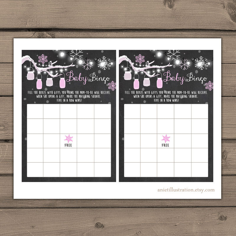 Baby shower Bingo game Winter baby shower Winter Bingo Instant download Baby bingo Girl Baby Shower Mason jars Girl Pink PRINTABLE 0012