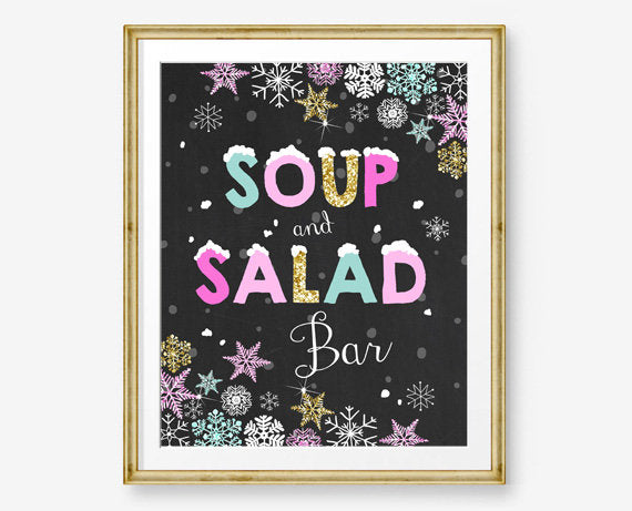 Soup and Salad Bar Sign Winter onederland birthday sign Food table sign Warm up at the Pink Gold Mint Baby Shower Digital PRINTABLE 0033