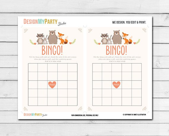 Woodland Baby Shower Bingo Game Cards Woodland Animals Forest Animals Raccoon Rabbit Bear Fox Gender Neutral Printable Instant Download 0010
