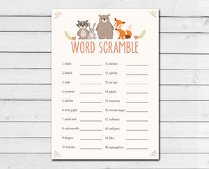 Woodland Baby Shower Word Scramble Game Cards Woodland Animals Forest Animals Raccoon Rabbit Bear Fox Printable Instant Download 0010