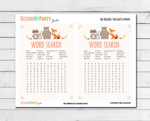 Woodland Baby Shower Word Search Game Cards Woodland Animals Forest Animals Raccoon Rabbit Bear Fox Printable Instant Download 0010