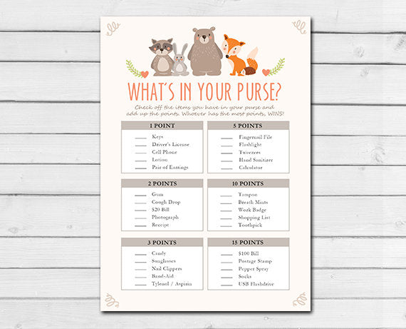 Woodland Baby Shower What's in Your Purse Game Cards Woodland Animals - Design My Party Studio Woodland Baby Shower What's in Your Purse Game Cards Woodland Animals - Design My Party Studio