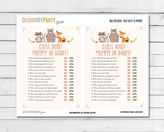 Woodland Baby Shower Mommy or Daddy Who Said Game Woodland Animals Forest Animals Raccoon Rabbit Bear Fox Printable Instant Download 0010