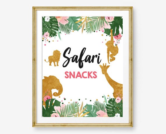 Safari Snacks Birthday Sign Table Decor Safari Birthday Wild One Animals Black and Gold Pink Girl Food Zoo Party Jungle PRINTABLE 0016