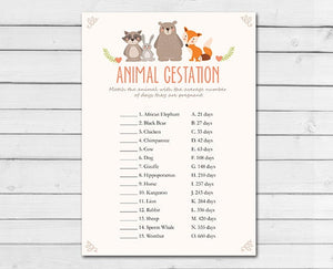 Woodland Baby Shower Animal Gestation Game Cards Woodland Animals Forest Animals Raccoon Rabbit Bear Fox Printable Instant Download 0010