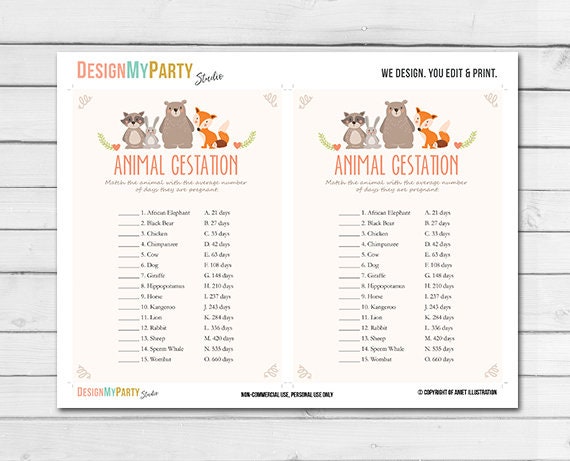 Woodland Baby Shower Animal Gestation Game Cards Woodland Animals Forest Animals Raccoon Rabbit Bear Fox Printable Instant Download 0010