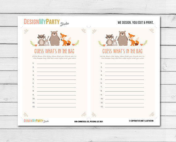 Woodland Baby Shower What's in the Bag Diaper Cards Woodland Animals Forest Animals Raccoon Rabbit Bear Fox Printable Instant Download 0010