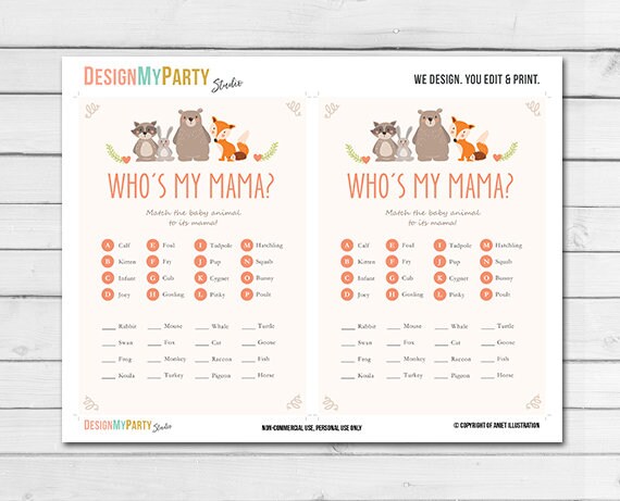 Woodland Baby Shower Name the Baby Animals Game Card Woodland Animals Forest Animals Raccoon Rabbit Bear Fox Printable Instant Download 0010
