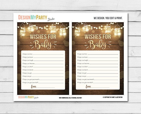 Rustic Lights Baby Shower Wishes for Baby Game Cards Wood Mason Jars String Lights Winter Gender Neutral Printable Instant Download 0015