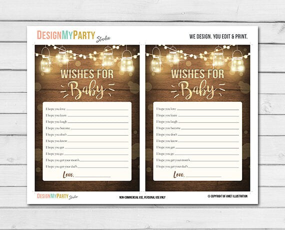 Rustic Lights Baby Shower Wishes for Baby Game Cards Wood Mason Jars String Lights Winter Gender Neutral Printable Instant Download 0015
