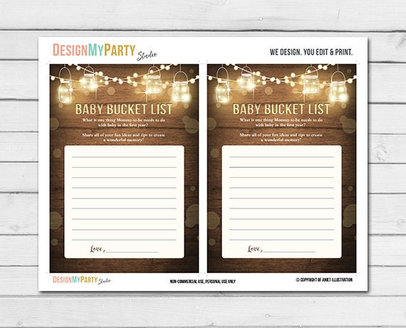 Rustic Lights Baby Shower Baby Bucket List Game Cards Wood Mason Jars String Lights Winter Gender Neutral Printable Instant Download 0015