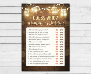 Rustic Lights Baby Shower Mommy or Daddy Guess Who Game Cards Wood Mason Jars String Lights Gender Neutral Printable Instant Download 0015